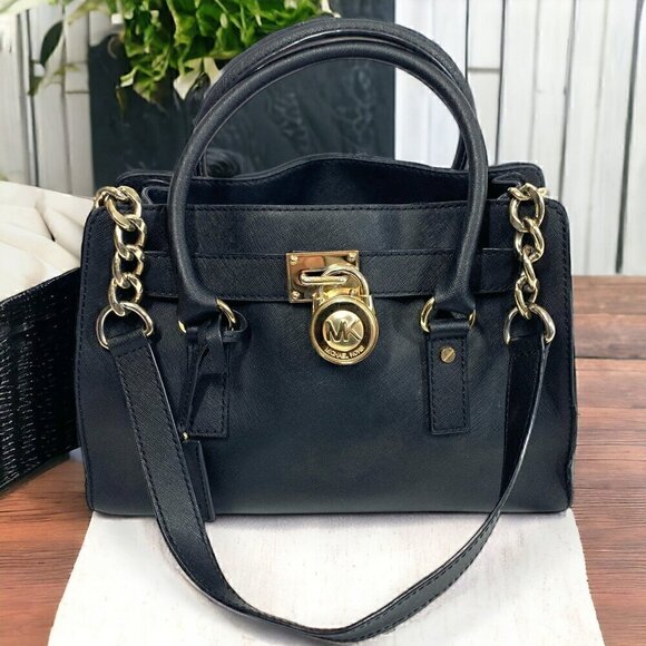 Michael Kors Medium Hamilton East West Satchel Black Saffiano Leather Gold HW - Picture 2 of 13